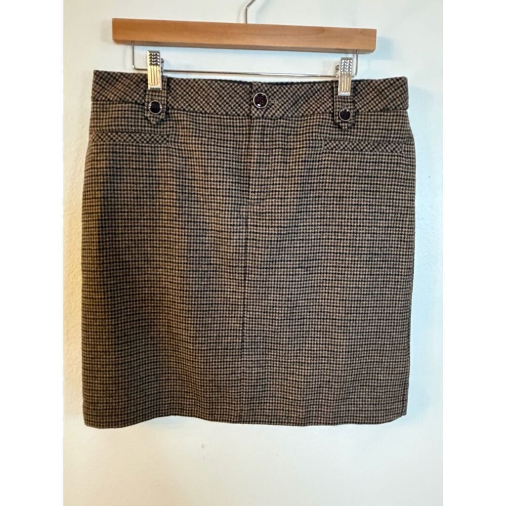 Eddie Bauer Skirt Wool Brown Houndstooth Fully Lined Front Zip Size 10 Pockets